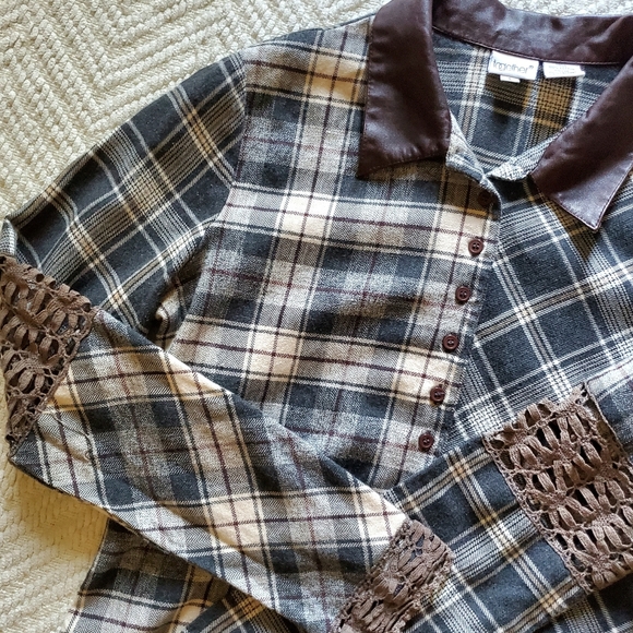 Vintage Cotton Leather And Lace Plaid Western Shirt - Picture 7 of 12